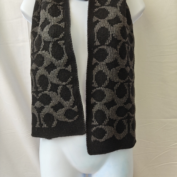 COACH Wool Cashmere Blend Logo All Over Print Black Grey Scarf - Picture 7 of 8